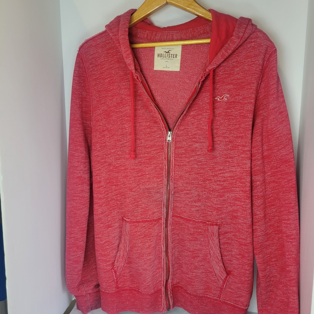 Hollister Mens Full Zip Hoodie Red Marl Heathered Seagull Logo Large L